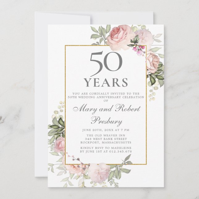 Convite Aniversário de 50 anos de Casamento Rosa Floral (Frente)