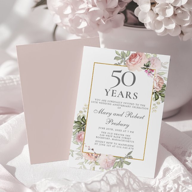 Convite Aniversário de 50 anos de Casamento Rosa Floral (Criador carregado)
