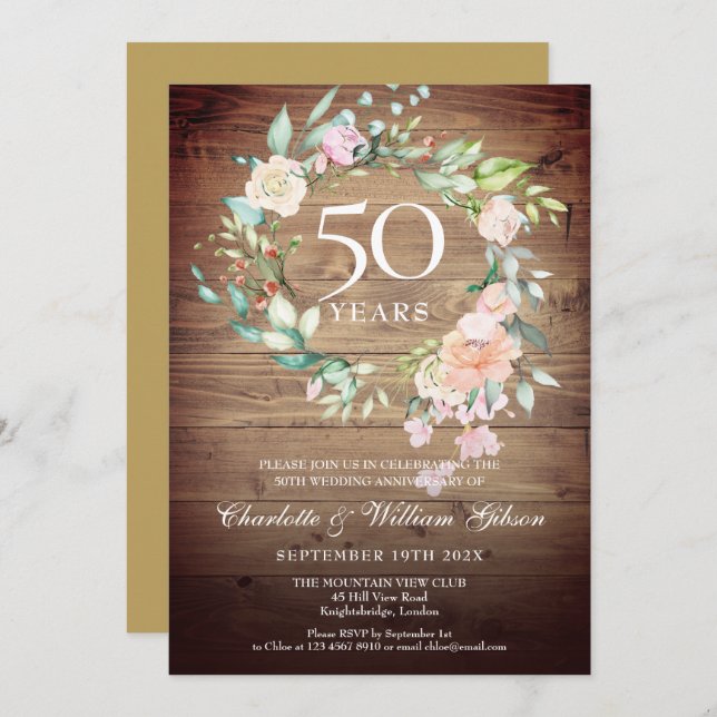 Convite Aniversário de 50 anos de Casamento Rosas Florais  (Frente/Verso)