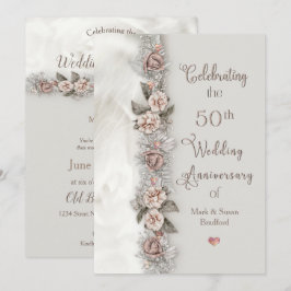 Convite Aniversário de 50 anos de casamento Rose Beige Flo