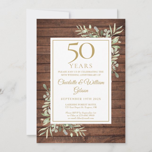 Convite Aniversário de 50 anos de Casamento Rustic Wood Gr (Frente)