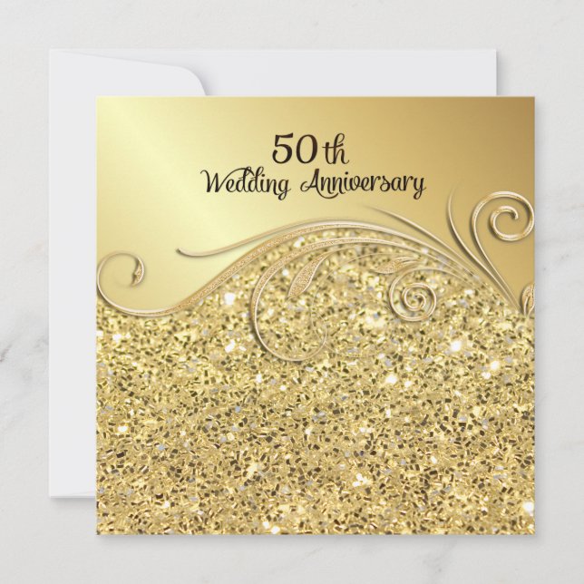 Convite Aniversário de 50 anos de casamento Sparkle Golden (Frente)