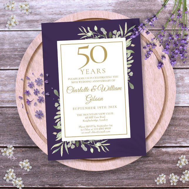 Convite Aniversário de 50 anos de Casamento Verde Folhagem (50th Wedding Anniversary Greenery Purple And Gold Invitation)