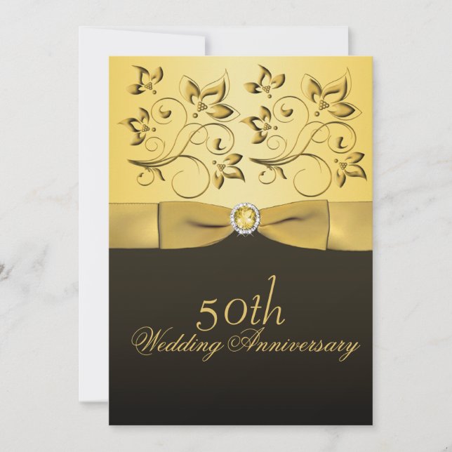 Convite Aniversário de 50 anos Dourado e Preto Floral Reve (Frente)