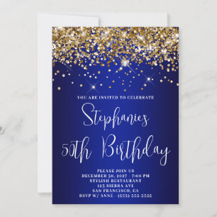 Convite Aniversário de 50 anos Dourado Glitter Azul Real A