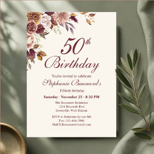 Convite Aniversário de 50 anos Elegante Burgundy Cream Flo