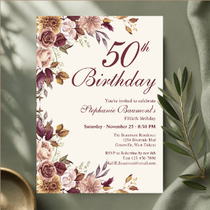 Convite Aniversário de 50 anos Elegante com Flores em Crem