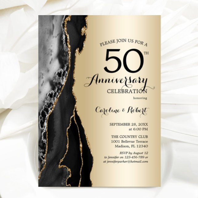 Convite Aniversário de 50 anos elegante dourado e preto (Criador carregado)