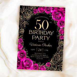 Convite Aniversário de 50 anos elegante rosa fúcsia preto