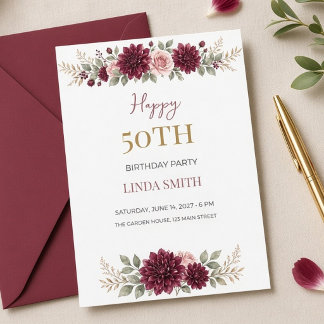 Convite Aniversário de 50 anos em Aquarela Burgundy Dahlia