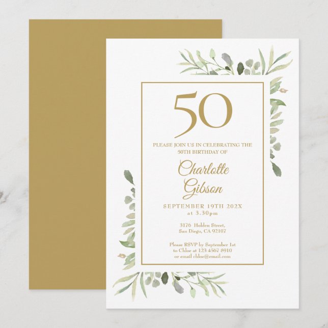 Convite Aniversário de 50 anos em Aquarela Verde Elegante  (Frente/Verso)