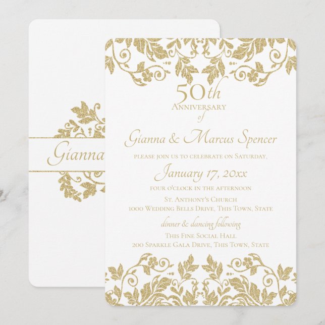 Convite Aniversário de 50 anos em Damasco Dourado (Frente/Verso)