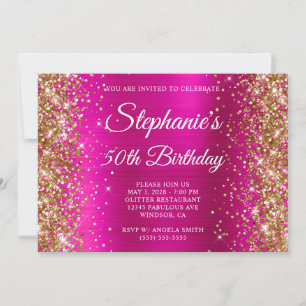 Convite Aniversário de 50 anos em Glitter Dourado Rosa Que