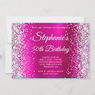 Convite Aniversário de 50 anos em Glitter Prateado e Rosa