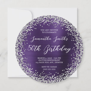 Convite Aniversário de 50 anos em Glitter Prateado Violeta