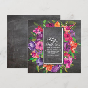 Convite Aniversário de 50 anos em quadro-negro floral lara