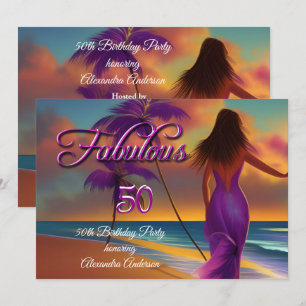 Convite Aniversário de 50 anos fabuloso roxo praia oceano 
