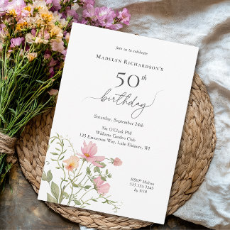 Convite Aniversário de 50 anos Feminino Aquarela Flor Silv