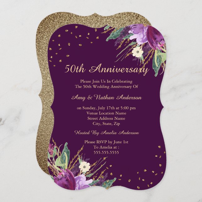 Convite Aniversário de 50 anos Flor de Ouro em Aquarela Ro (Frente/Verso)