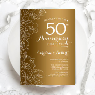 Convite Aniversário de 50 anos Floral Branco Dourado