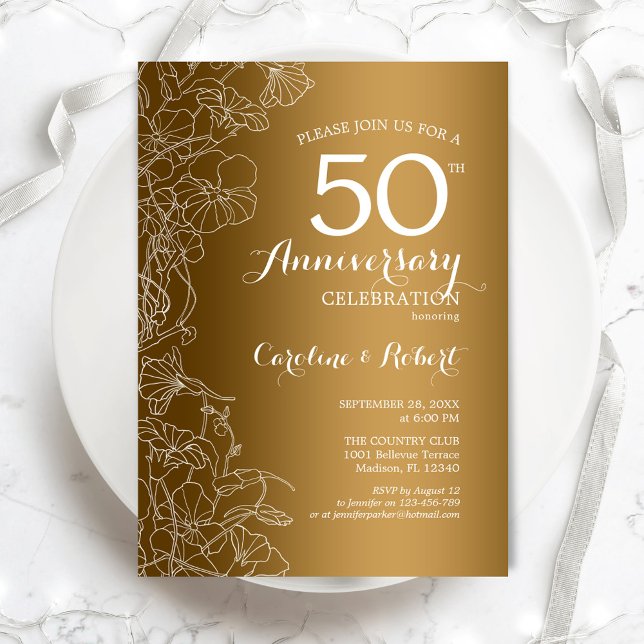 Convite Aniversário de 50 anos Floral Branco Dourado (Criador carregado)
