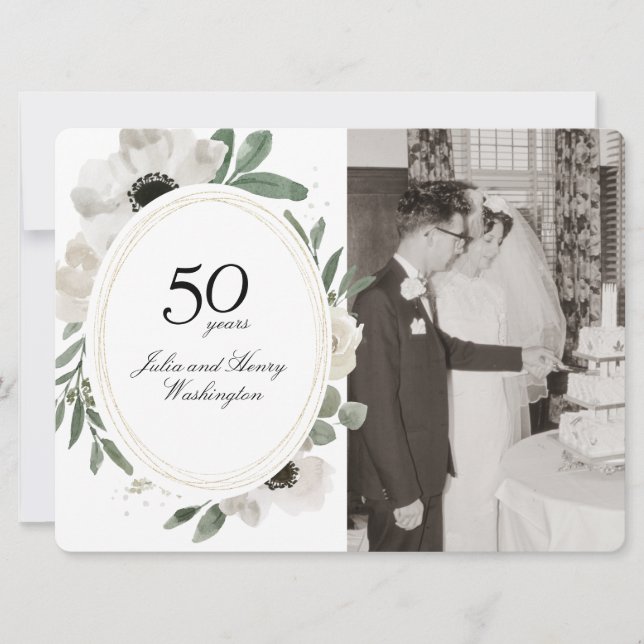 Convite Aniversário de 50 anos Floral Dourado em Aquarela (Frente)