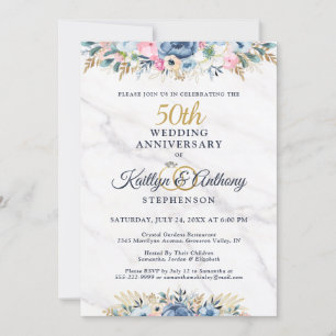 Convite Aniversário de 50 anos Floral Elegante Azul Marinh