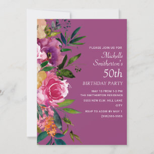 Convite Aniversário de 50 anos Floral Rosa Roxo Amarelo
