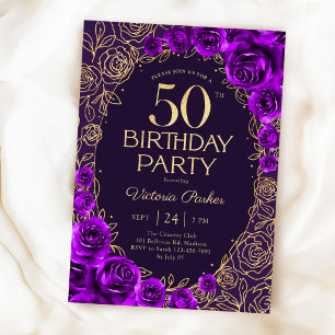 Convite Aniversário de 50 anos Floral Roxo Dourado
