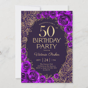 Convite Aniversário de 50 anos Floral Roxo Dourado