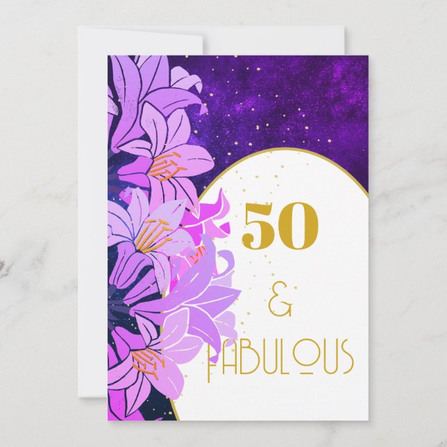 Convite Aniversário de 50 anos Floral Roxo Dourado Moderno (Verso)