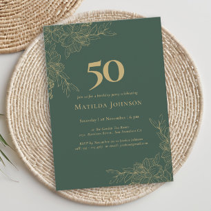 Convite Aniversário de 50 anos Floral Verde Elegante Doura