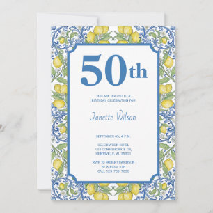 Convite Aniversário de 50 anos French Country Lemon Blue