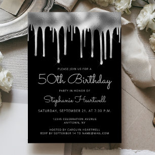 Convite Aniversário de 50 anos Glam Black Silver Dripping 