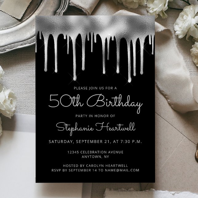 Convite Aniversário de 50 anos Glam Black Silver Dripping  (Criador carregado)