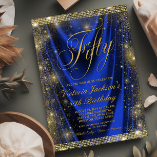 Convite Aniversário de 50 anos Glam Royal Blue Gold Femini