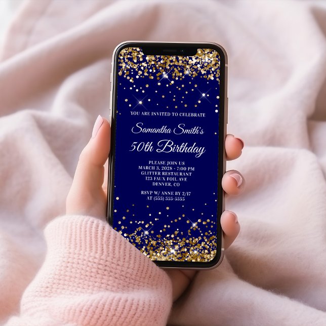 Convite Aniversário de 50 anos Glitter Dourado Navy (Gold Glitter Navy 50th Birthday Invitation)