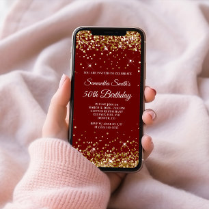 Convite Aniversário de 50 anos Glitter Dourado Vermelho Es