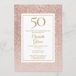 Convite Aniversário de 50 anos Glitter Rosa Dourado Elegan