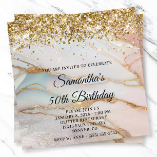 Convite Aniversário de 50 anos Glittery Gold Marbled Opal