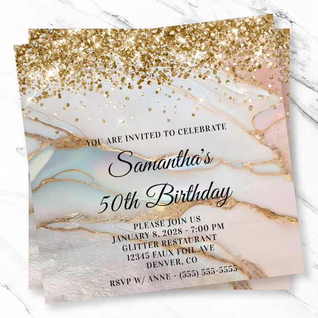Convite Aniversário de 50 anos Glittery Gold Marbled Opal (Glittery Gold Marbled Opal 50th Birthday Invitation)
