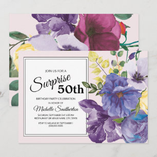 Convite Aniversário de 50 anos Jardim Roxo Amarelo Rosa Fl