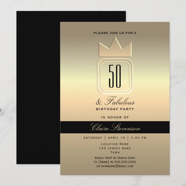 Convite Aniversário de 50 anos Moderno Dourado (Frente/Verso)