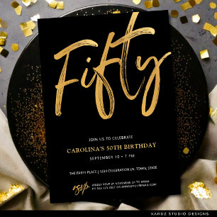 Convite Aniversário de 50 anos Moderno Fifty Script Dourad