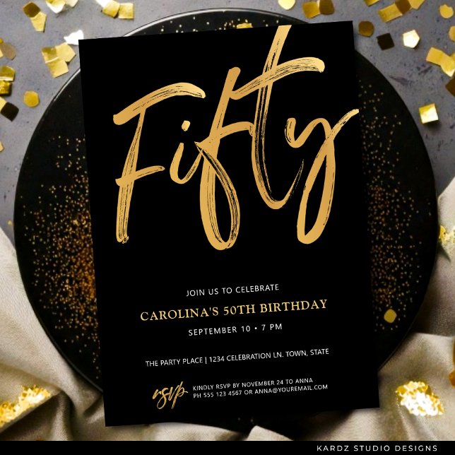 Convite Aniversário de 50 anos Moderno Fifty Script Dourad (Faux gold invite shown in 5x7 inches with square corners. Choose corner, paper and size.)
