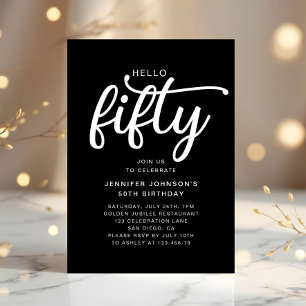 Convite Aniversário de 50 anos moderno preto Hello Fifty