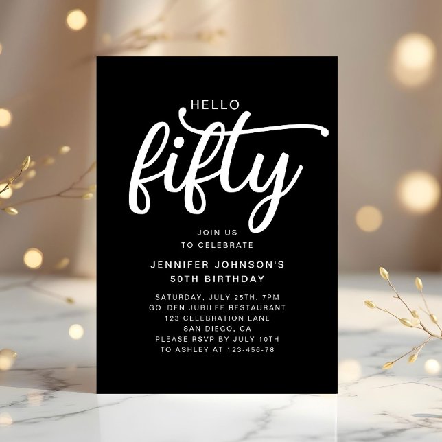 Convite Aniversário de 50 anos moderno preto Hello Fifty (Modern Black Hello Fifty 50th Birthday Invitation)