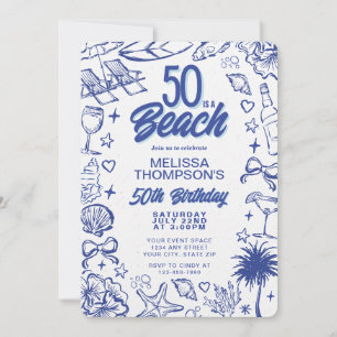 Convite Aniversário de 50 anos na Praia com Ilustrações Ca