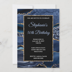 Convite Aniversário de 50 anos Navy Agate Dourado Brilho G