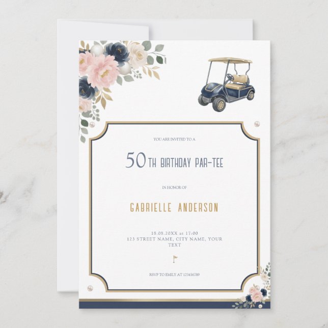 Convite Aniversário de 50 anos Par-Tee de Golfe Azul Naval (Frente)